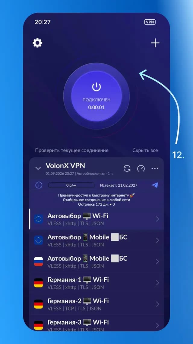 VPN VolonX включён в приложении Happ на iPhone