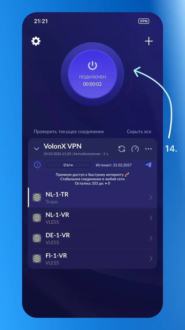 VPN VolonX включён в приложении Happ на iPhone